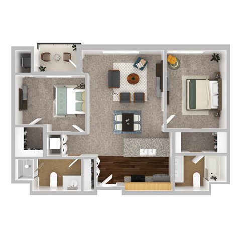 Floor plan for 2 beds, 2 baths, 1050 sqft